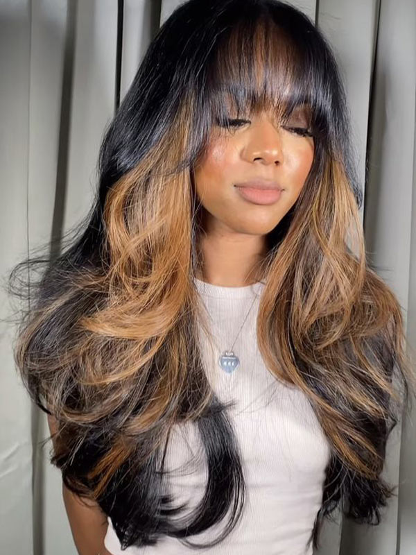 Human hair bang wig with highlights Blonde Highlights Wig | Bangs Straight Wig | E-LITCHI Hair main image 2
