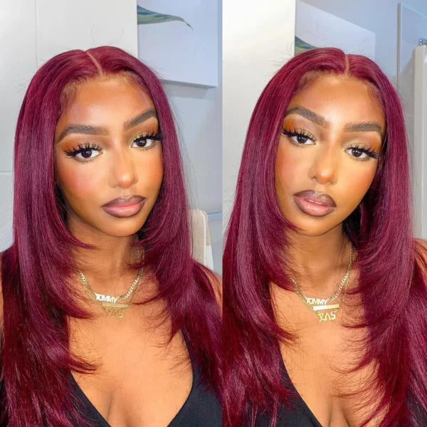 Layered Cut Straight Wig 99j Glueless Lace Human Hair Wig Salone Quali ...